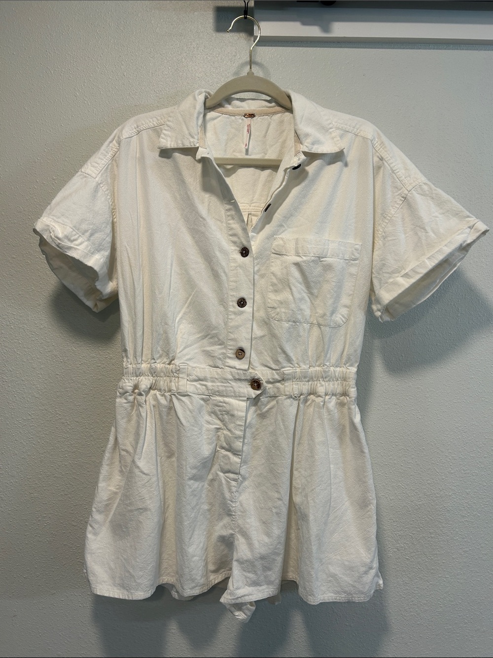 Free People White Button-Front Romper with Chest Pocket